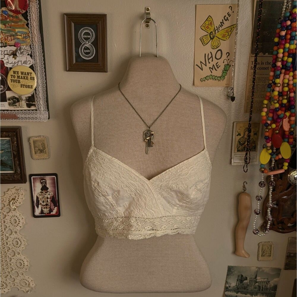 American Eagle Crochet Lace Crop Cami Tank Top Women's Small Cream Bralette